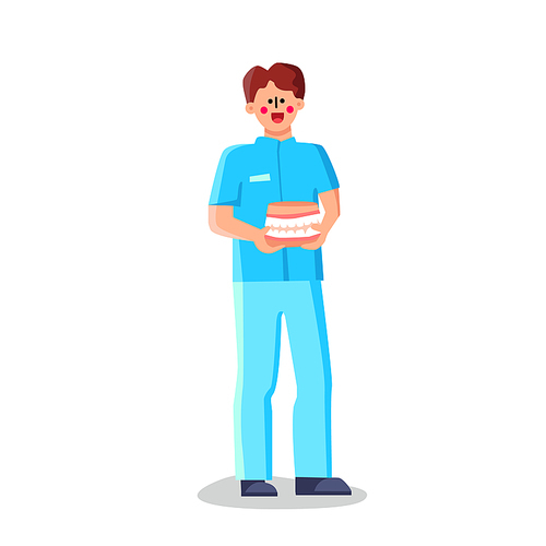 Orthodontist Doctor Medical Worker Hold Jaw Vector. Orthodontist Young Man Wearing Hospital Uniform With Teeth In Hands. Character Dentist Clinic Dental Worker Flat Cartoon Illustration