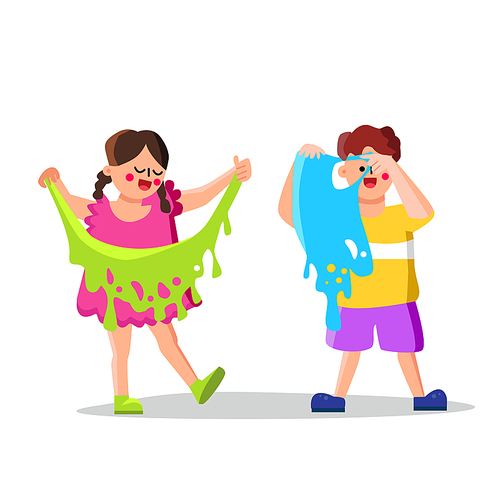 Slime Toy Playing Children Boy And Girl Vector. Funny Happy And Laughing Preschool Child Play With Slime. Cheerful Characters Friends Or Brother And Sister Flat Cartoon Illustration