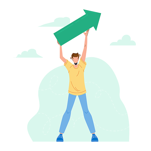 Man Showing Increase Profitability Banner Vector. Young Boy Holding Arrow Board Above Body And Show Increase Profit. Financial And Business Career Growth Character Flat Cartoon Illustration