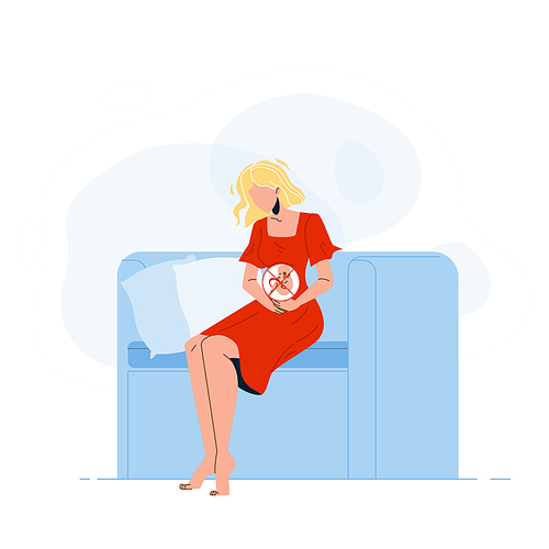 Pregnant Young Woman Think About Abortion Vector. Pregnancy Girl Sitting On Couch And Think About Abortion. Crossed Out Embryo Fetus Inside Character Abdomen Flat Cartoon Illustration