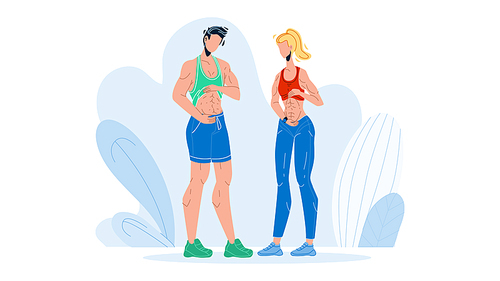 Fitness People Showing Abs And Flat Belly Vector. Muscular Sportive Young Man And Woman Show Abs, Active Sport Lifestyle. Characters Strong Bodybuilder Sportsman Flat Cartoon Illustration