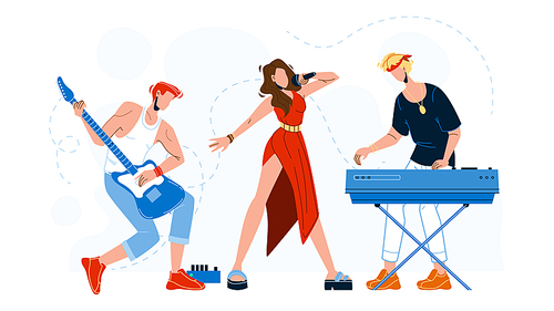 Music Band Artists Performing Song Concert Vector. Musician Band Boys Playing On Instrument Guitar And Synthesizer, Young Woman Singing In Microphone Characters Flat Cartoon Illustration