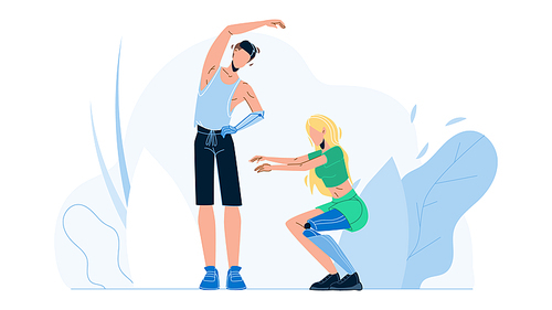 People With Bionic Limbs Fitness Exercising Vector. Man With Bionic Hand And Woman With Artificial Leg Prosthesis. Characters Sportsman Active Sport Time Lifestyle Flat Cartoon Illustration