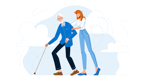 Caregiver Nurse With Elderly Man Walking Vector. Caregiver Woman Support And Walk With Senior Grandfather Together. Characters Girl Assistance With Old Pensioner Guy Flat Cartoon Illustration