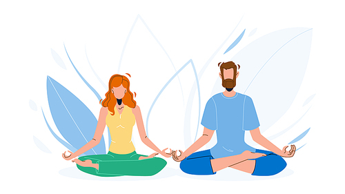 Consciousness Mind Meditating Man And Woman Vector. Consciousness Mind Yoga Exercising In Lotus Pose. Peaceful Calm Characters Meditation Sitting With Crossed Legs Flat Cartoon Illustration