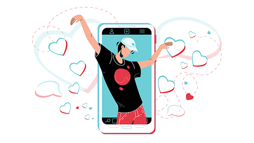 Crazy Dance Dancing Man On Phone Screen Vector. Crazy Dance Performing Young Dancer Boy On Smartphone Display. Character And Electronic Gadget Device Active Lifestyle Flat Cartoon Illustration