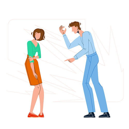 Man Screaming On Guilty Sadness Young Woman Vector. Angry Boyfriend Scream And Shouting At Unhappy Guilty Girlfriend, Family Problem. Characters Couple Relation Flat Cartoon Illustration
