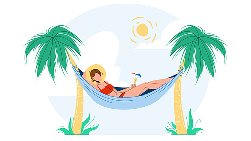 Woman Relaxing With Cocktail On Hammock Vector. Young Girl Holding In Hand Tropical Drink Glass And Lying In Hammock Between Palm Trees. Character Relax On Vacation Flat Cartoon Illustration