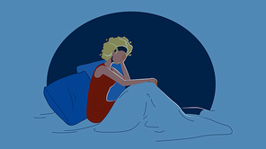 Insomnia Problem Suffering Girl In Bed Vector. Sadness Young Woman With Insomnia, Depression Or Stress. Tired And Exhausted Lady. Character Headache Or Migraine Flat Cartoon Illustration