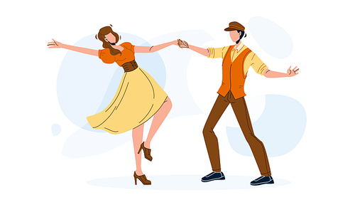 Swing Dance Party Dancing Young Couple Vector. Retro Energy Swing Dance Performing Man And Woman. Boy And Girl Characters Dancers Leisure Active Time And Enjoyment Flat Cartoon Illustration
