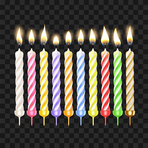 Birthday Candles In Different Color Set Vector. Collection Of Anniversary Decorative Celebrative Cake Candles With Burning Flames. Wax Paraffin Birth Pie Accessories Realistic 3d Illustrations