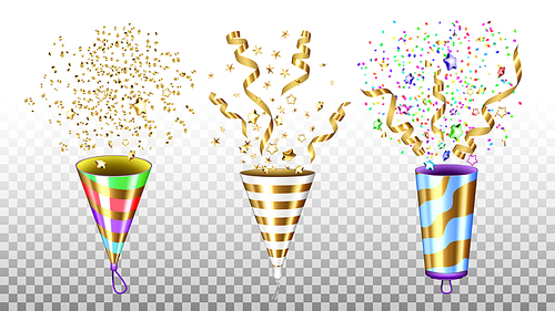 Party Popper Exploding Accessories Set Vector. Party Popper Happy Birthday Or New Year Festival Celebrative Ceremony Equipment With Confetti. Ceremony Tool Template Realistic 3d Illustrations