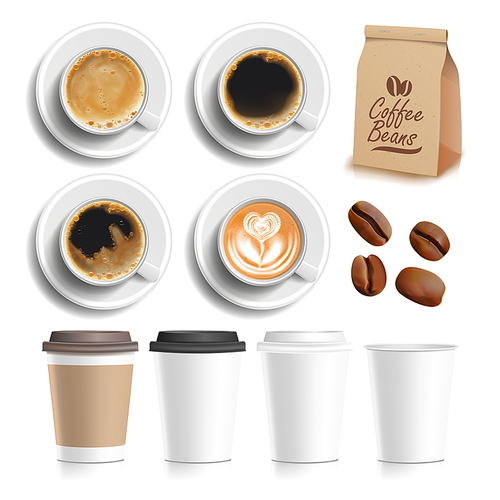Coffee Beans, Drink, Cup And Package Set Vector. Coffee Ingredient Grain, Foamy Morning Energy Black Beverage, Mug Different Style And Storaging Bag. Market Product Template Realistic 3d Illustrations