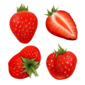 strawberry agricultural tasty berries set vector. collection in different size, whole and cut vitamin ripe strawberry harvest. weight loss natural juicy dessert template realistic 3d illustrations