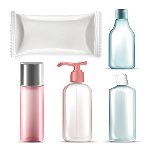 Bottles And Plastic Package Collection Set Vector. Different Blank Transparent Containers With Pump And Bottles For Cream, Gel Or Micellar Water. Cosmetic Packaging Template Realistic 3d Illustrations