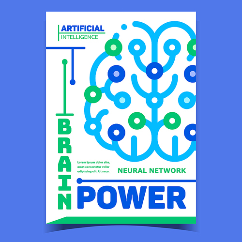 Digital Brain Power Promotional Banner Vector. Brain Neural Network Artificial Intelligence And Electrical Activity Creative Advertising Poster. Concept Template Stylish Color Illustration