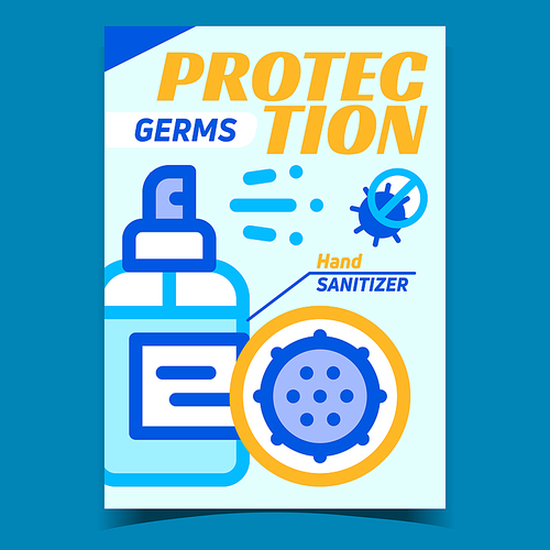 Protection Germs Creative Promo Banner Vector. Protection Liquid Soap Spray Container, Hand Sanitizer And Bacteria Advertising Poster. Concept Template Stylish Colorful Illustration