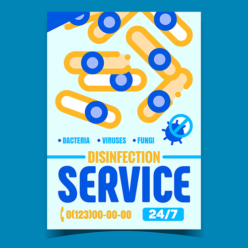 Disinfection Service Creative Promo Poster Vector. Hygienic Disinfection Bacteria, Viruses And Fungi Bright Advertising Banner. Call Center Concept Template Stylish Colored Illustration