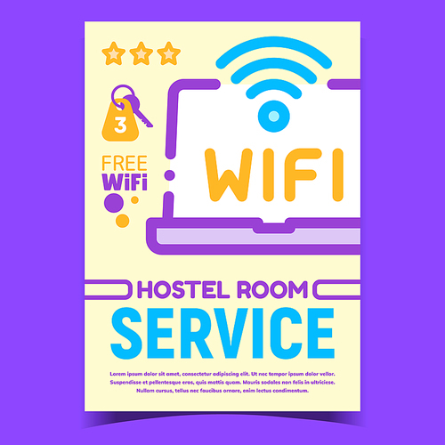 Wifi Hostel Room Service Creative Poster Vector. Laptop Computer With Internet Wirelless Signal Sign And Hostel Room Key On Advertising Banner. Concept Template Stylish Colorful Illustration