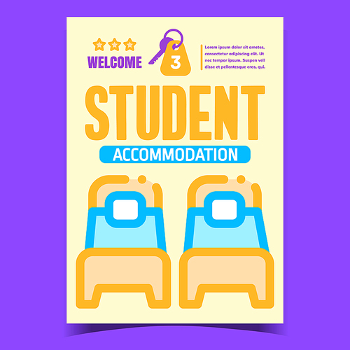 Student Accommodation Creative Promo Poster Vector. Bed With Mattress And Pillow In College Room For Student And Door Key Advertising Banner. Concept Template Stylish Colorful Illustration
