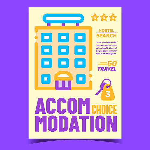 Accommodation Choice Creative Promo Banner Vector. Motel Building For Tourist Traveler Accommodation And Room Door Key Advertising Poster. Concept Template Stylish Colorful Illustration
