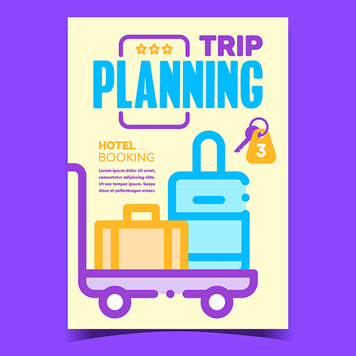 Trip And Travel Planning Creative Poster Vector. Cart For Transportation Luggage Baggage Trip Accessory In Motel, Hotel Booking Advertising Banner. Concept Template Stylish ColoredIllustration