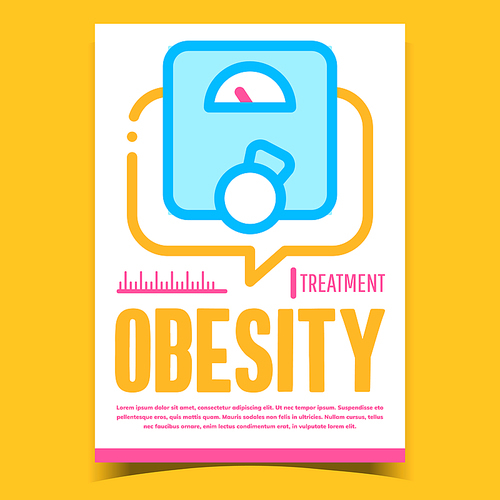 Obesity Treatment Creative Advertise Banner Vector. Scales Equipment For Control Excess Weight And Obesity Disease Promo Poster. Healthcare Tool Concept Template Style Color Illustration
