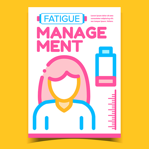 Fatigue Management Creative Promo Poster Vector. Discharged Battery, Chronic Exhausted And Fatigue Woman Advertising Banner. Stress And Concept Template Stylish Colorful Illustration
