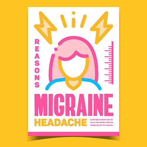 Migraine Headache Creative Advertise Banner Vector. Woman With Migraine Promo Poster. Head Ache Pain Reasons, Health Problem And Treatment Concept Template Style Color Illustration