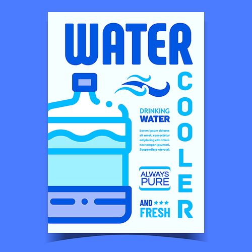 water cooler equipment creative poster vector. bottle with water for  fresh purity cold or warm drink, refreshment beverage advertising banner. concept layout stylish color illustration