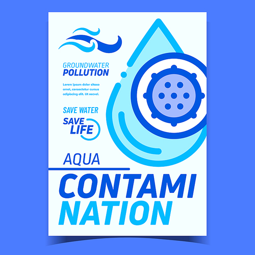 Aqua Contamination Creative Promo Banner Vector. Water Drop Contamination With Unhealthy Bacteria, Groundwater Pollution Advertising Poster. Concept Layout Stylish Colorful Illustration