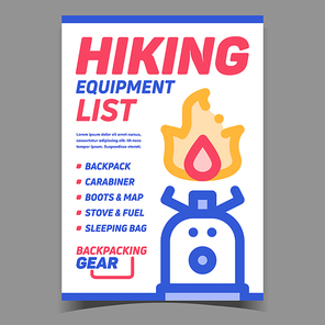 Hiking Equipment List Advertising Banner Vector. Backpack And Carabiner, Boots And Map, Stove And Fuel, Sleeping Bag Hiking Accessory Promotional Poster. Concept Template Stylish Colorful Illustration
