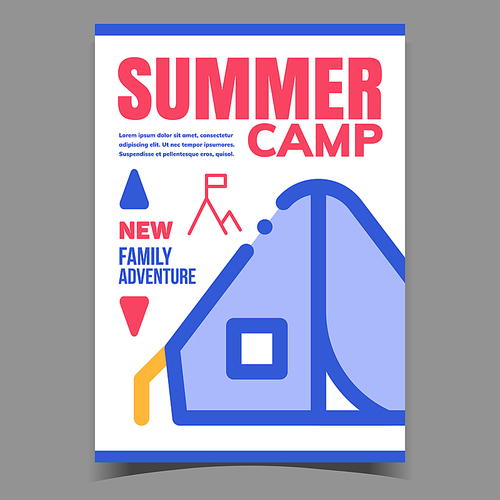 Summer Camp Creative Advertisement Poster Vector. Touristic Tent For Family Summer Adventure And Rock With Flag On Peak Advertising Banner. Camping Concept Template Stylish Colorful Illustration