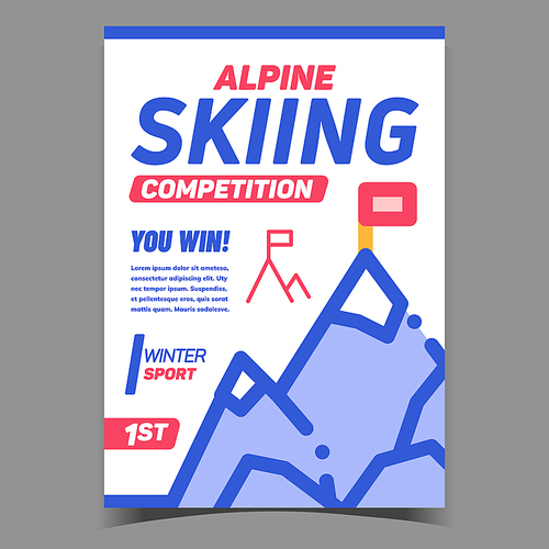 Alpine Skiing Competition Creative Banner Vector. Flag On Mountain Peak, Skiing Tournament Event Advertising Poster. Winter Extreme Sport Concept Template Stylish Colorful Illustration