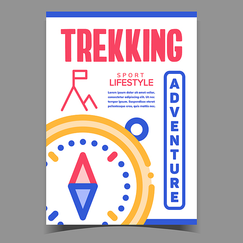 Trekking Adventure Advertisement Poster Vector. Navigational Compass Tool And Climb With Flag On Peak Adventure Banner. Extrime Sport Lifestyle Concept Template Stylish Colorful Illustration