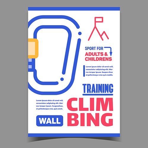 Wall Climbing Training Creative Banner Vector. Carabiner Tool For Climbing And Climb With Flag On Peak On Advertising Poster. Sport For Adults And Children Concept Layout Stylish Color Illustration