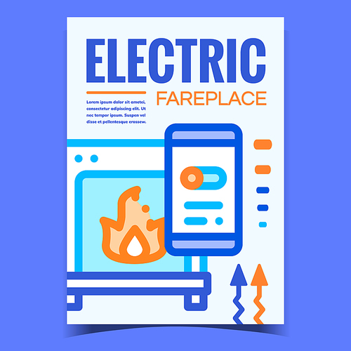 Electric Fireplace Creative Promo Poster Vector. Fireplace And Smartphone With Application For Control Fire And Temperature Advertising Banner. Concept Layout Style Color Illustration