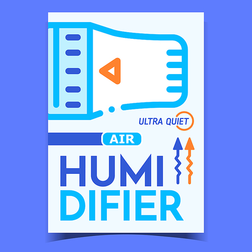 Air Humidifier Promotional Flyer Banner Vector. Thermoregulator Radiator Detail Of Equipment For Temperature Control, Ultra Quiet Humidifier Advertise Poster. Concept Layout Stylish Color Illustration
