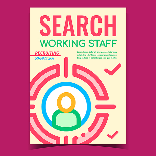 Working Staff Search Promotional Banner Vector. Human Silhouette In Center Of Aim Target, Stuff Recruiting Services Creative Advertising Poster. Concept Template Stylish Color Illustration