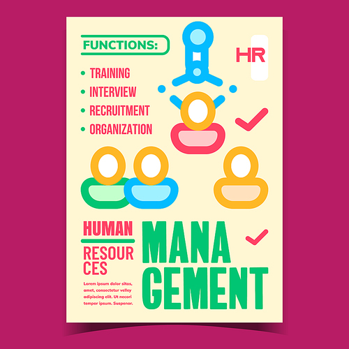 Human Resources Management Promo Poster Vector. Training, Interview, Recruitment, Organization And Management Hr Function Advertising Banner. Concept Template Stylish Color Illustration