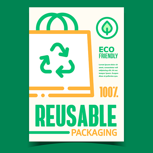 Reusable Packaging Promotional Flyer Banner Vector. Eco Friendly Recycling Paper Bag Packaging For Shopping Creative Advertising Poster. Concept Template Stylish Color Illustration
