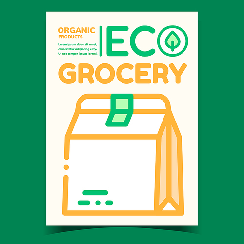eco grocery promotional  poster vector. blank eco paper food bag package and green leaf advertising banner. delivery organic products concept template style colorful illustration