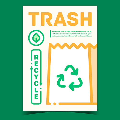Trash Recycle Promotional Marketing Banner Vector. Recycle Supermarket Or Shop Paper Bag Packaging And Tree Leaf On Creative Advertising Poster. Concept Template Stylish Colored Illustration