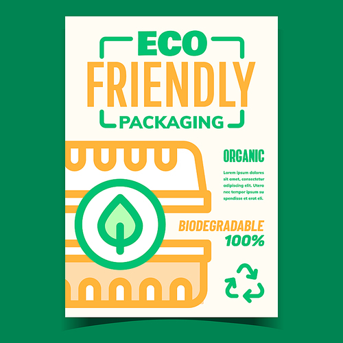 Eco Friendly Packaging Promotional Poster Vector. Food Lunch Eco Container, Nature Tree Leaf And Recycling Mark Advertise Banner. Organic And Biodegradable Concept Layout Style Color Illustration