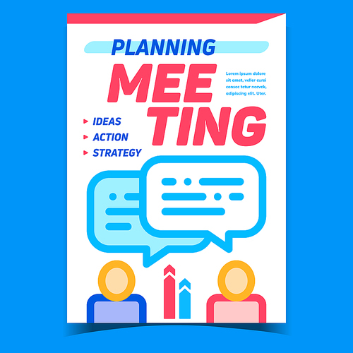 Meeting Planning Creative Promo Banner Vector. Human Colleagues Discussing And Planning About Ideas, Action And Company Strategy Advertising Poster. Concept Layout Stylish Color Illustration