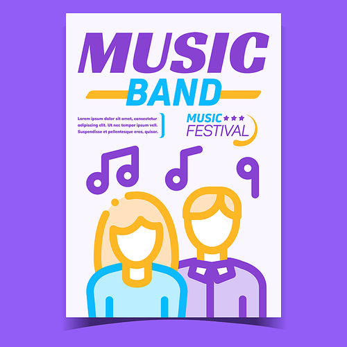 Music Band Creative Promotional Banner Vector. People Man And Woman Signer Or Dancer And Notes, Music Festival Concert Advertising Poster. Concept Template Stylish Colorful Illustration