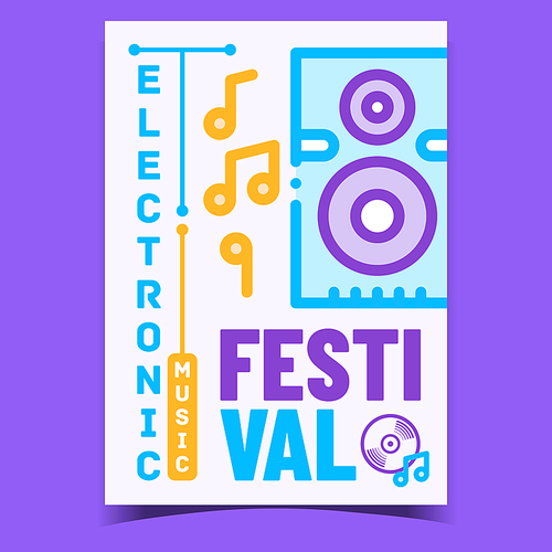 Electronic Music Festival Promo Poster Vector. Audio Dynamic Device And Music Notes, Electro Concert Entertainment Creative Advertising Banner. Concept Layout Stylish Color Illustration