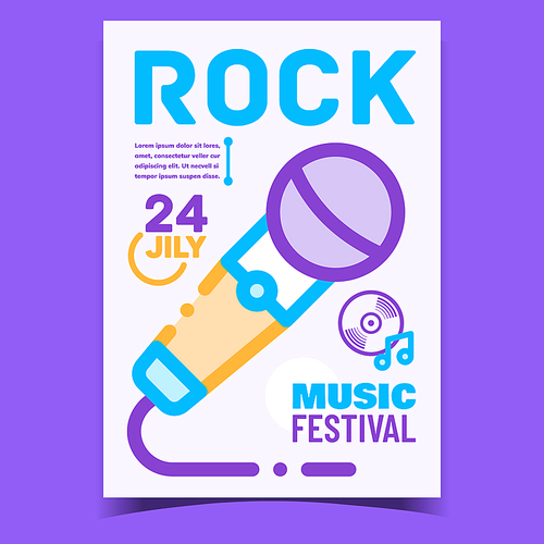 Rock Music Festival Creative Promo Banner Vector. Microphone Electronic Gadget Device For Sing Song, Music Concert Advertising Poster. Concept Template Stylish Colorful Illustration