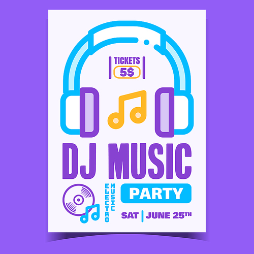 Dj Music Party Creative Promotional Poster Vector. Headphones Earphones Equipment, Notes And Playing Play On Electro Music Advertising Banner. Concept Template Stylish Colored Illustration