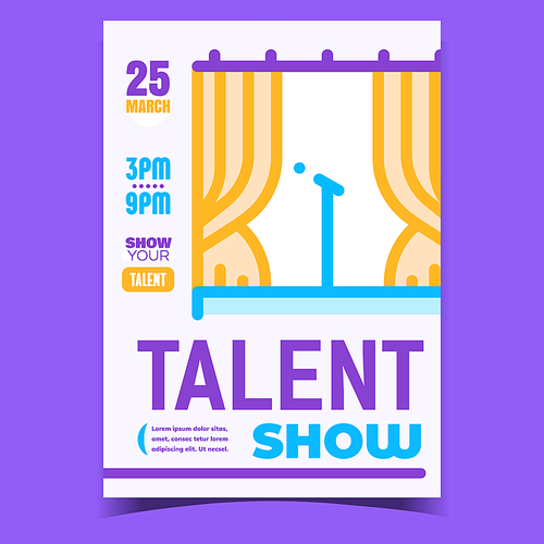 Talent Show Creative Promotional Banner Vector. Microphone On Concert Stage, Music Vocal Or Stand-up Show Advertising Poster Invitation. Concept Template Stylish Colorful Illustration